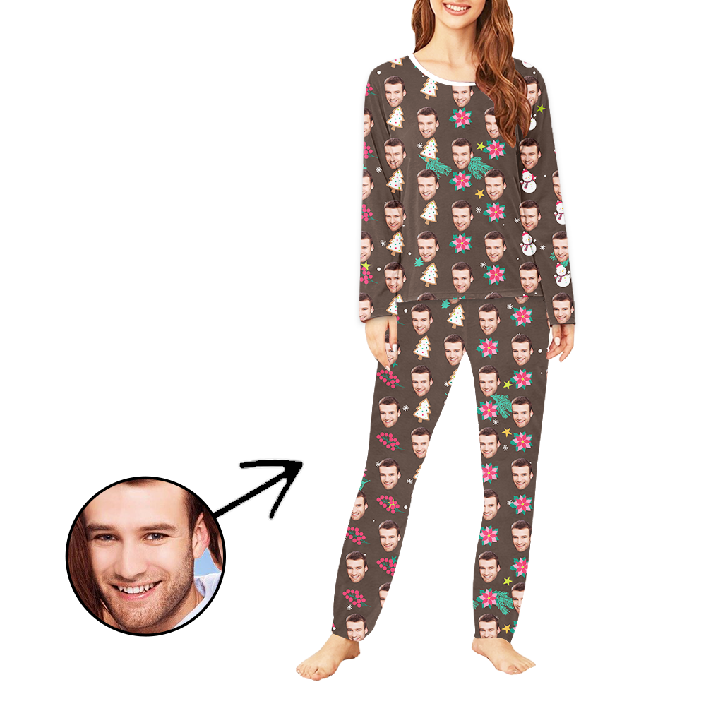Personalisiert Foto-Pyjama für Damen Weihnachtsbaum und Blume Langarm