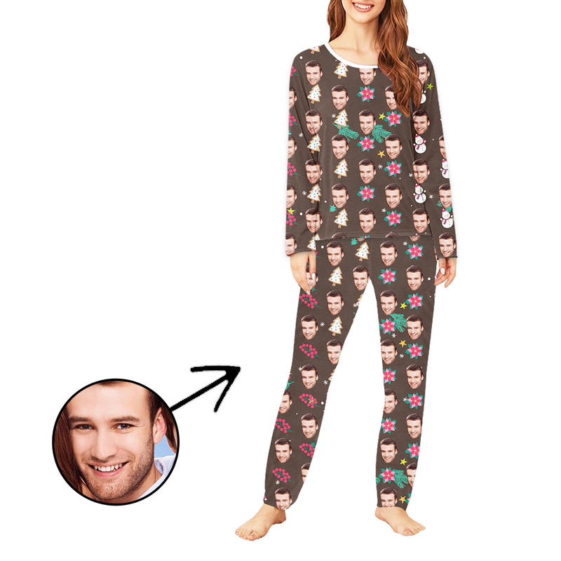 Personalisiert Foto-Pyjama für Damen Weihnachtsbaum und Blume Langarm