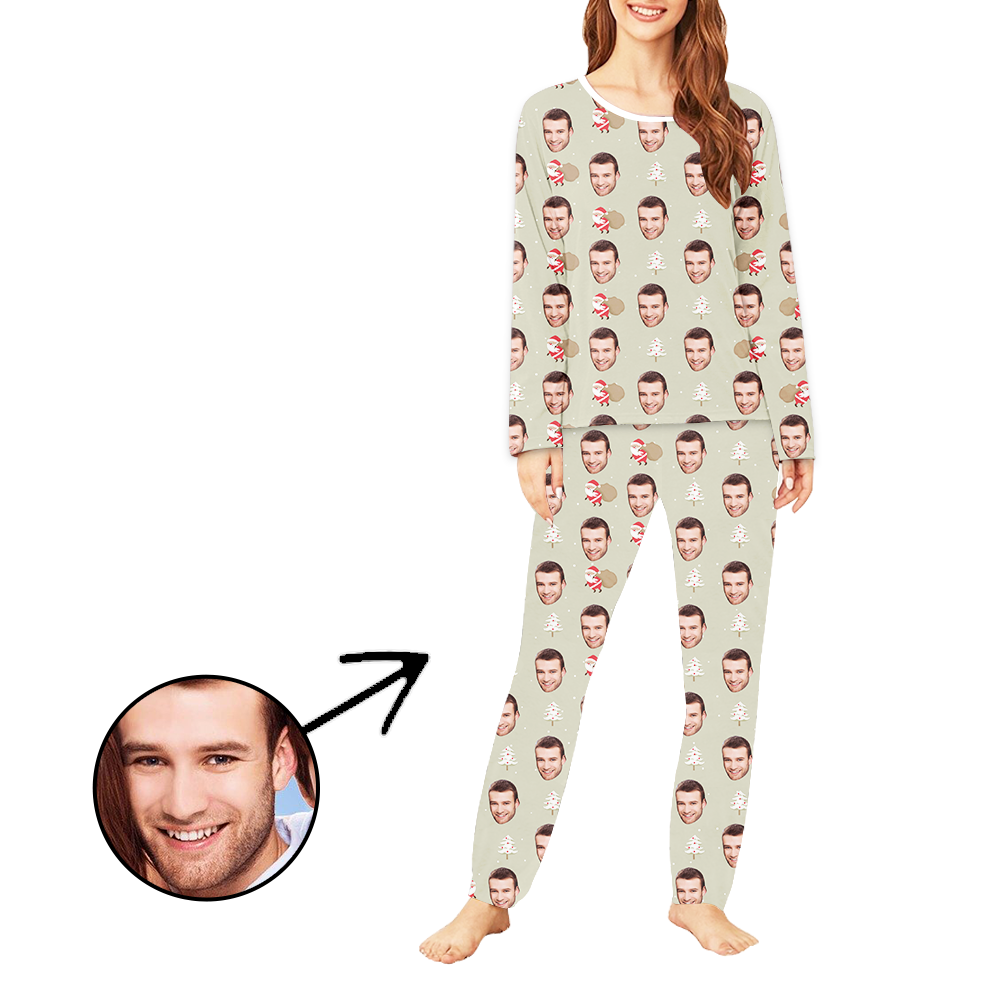 Personalisiert Foto-Pyjama für Damen Weihnachtsbaum und Weihnachtsmann Langarm