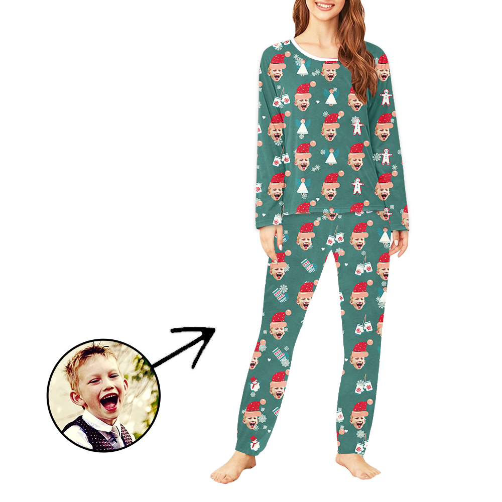 Personalisiert Foto-Pyjama für Damen Weihnachtshut und Schneeflocke Langarm