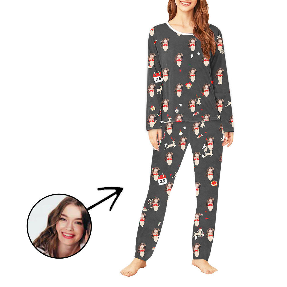 Personalisiert Foto-Pyjama für Damen Rentiere und Süßigkeiten langärmelig