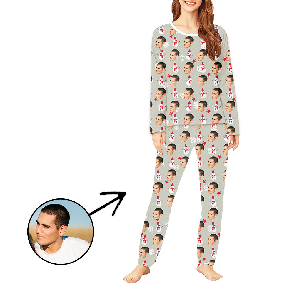 Personalisiert Foto-Pyjama für Damen Schneemann und Schneeflocke Langarm
