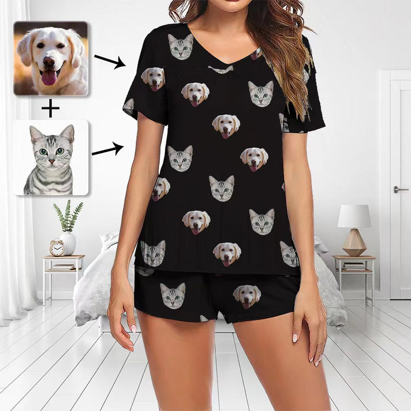 Haustier-Pyjama individuelles Foto-Pyjama-Set kurzärmeliger Pyjama mit V-Ausschnitt Damen-Shorts Pyjama-Set Nachtwäsche Hunde-Fußabdruck Muttertagsgeschenke