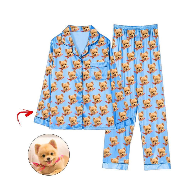 Kundenspezifischer Foto Satin Pyjama Ich liebe meinen Hund Hellblau