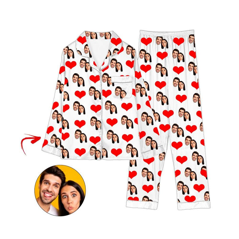 Kundenspezifisches Foto Satin Pyjama Herz glücklich du und ich grau